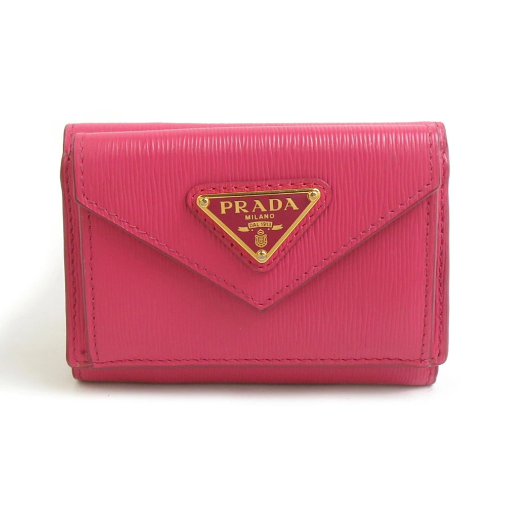 Prada Tri fold Wallet Leather Magenta Pink Gold